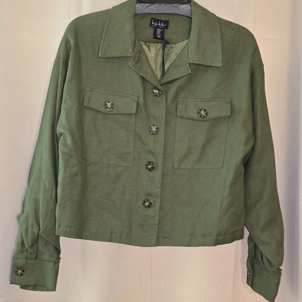 NWT Nicole Miller Moto Linen Boxy Jacket‎ Green Long Sleeve Size M - Picture 2 of 5